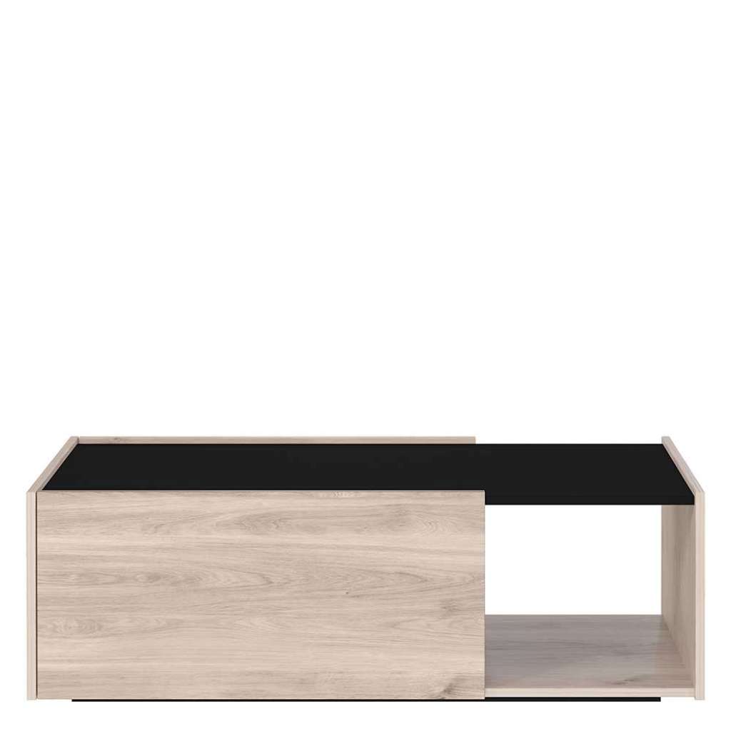 Designcouchtisch in Eiche hell und Schwarz zwei Stauraumklappen