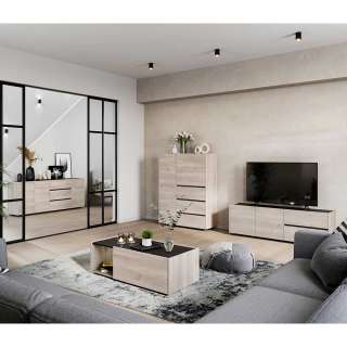 Wohnzimmerwohnwand in modernem Design Eiche hell und schwarz (dreiteilig)