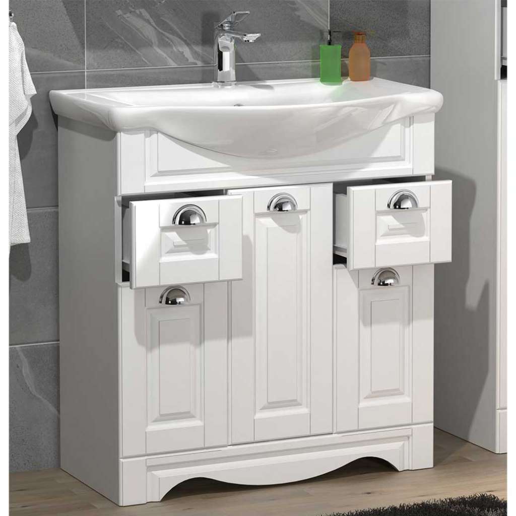 Waschbeckenunterschrank weiß im Landhausstil Metallgriffen