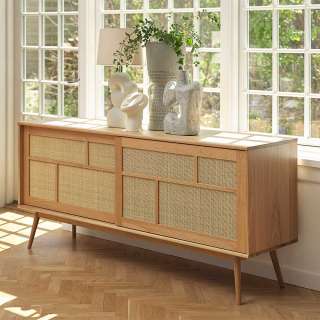 Sideboard Skandi Design mit Schiebetüren Rattan Geflecht