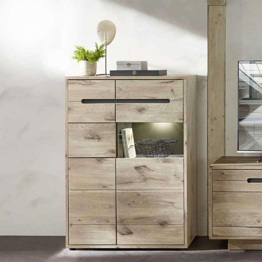 Esszimmer Highboard Vitrine in Wildeichefarben LED Beleuchtung