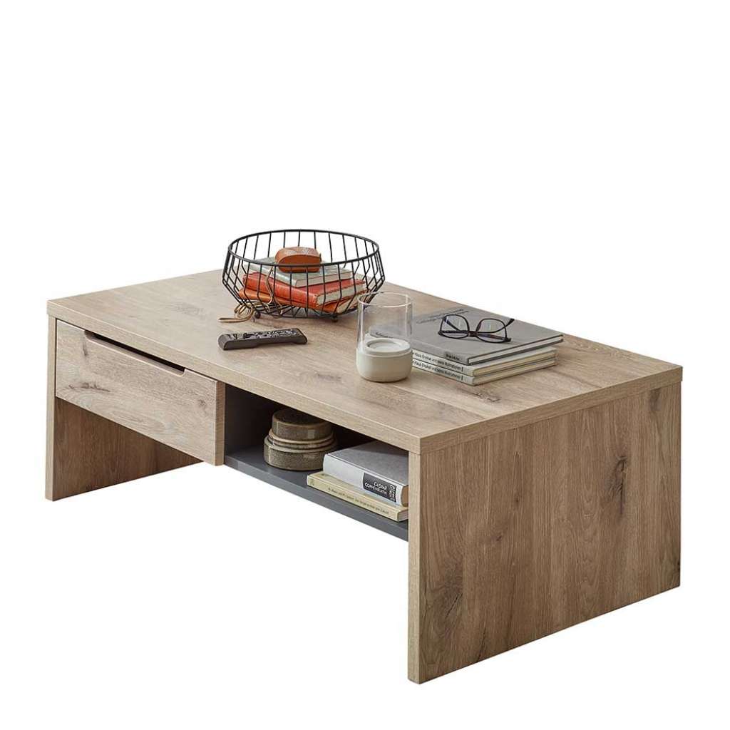 Sofa Tisch Holzoptik in Wildeichefarben zwei Schubladen