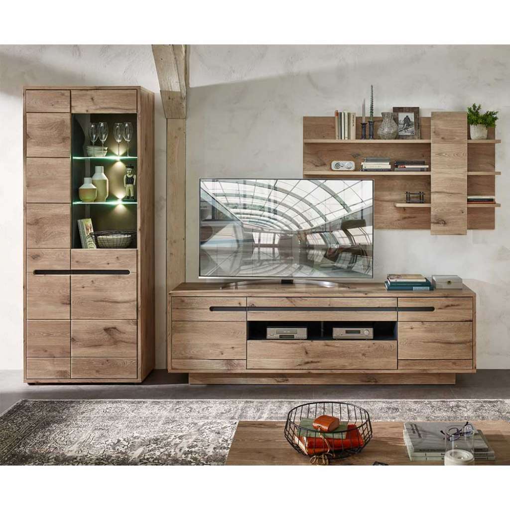 Wohnzimmerwohnwand mit Beleuchtung in Wildeichefarben 202 cm hoch (dreiteilig)