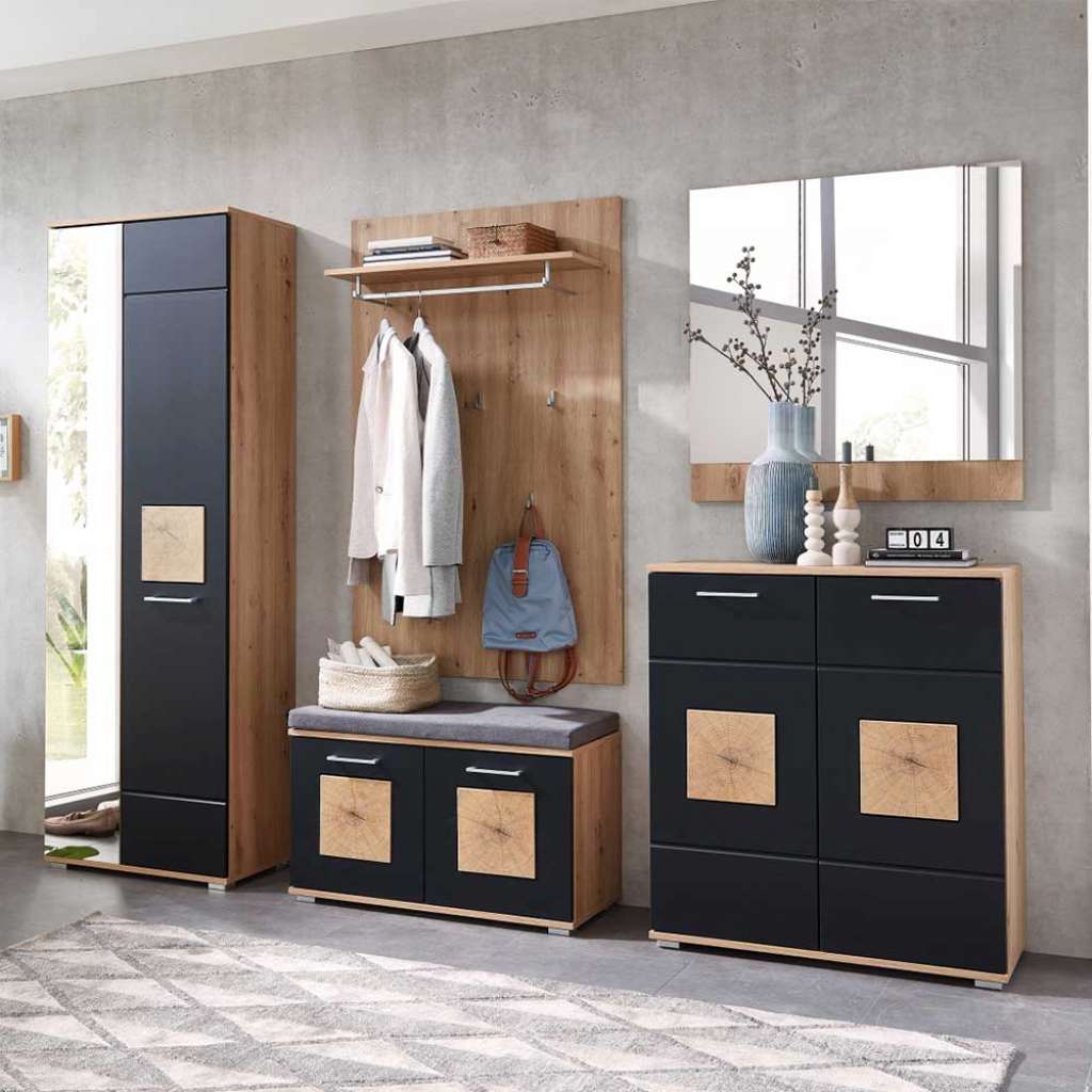 Komplett Garderobe modern in Wildeichefarben Schwarz (fünfteilig)