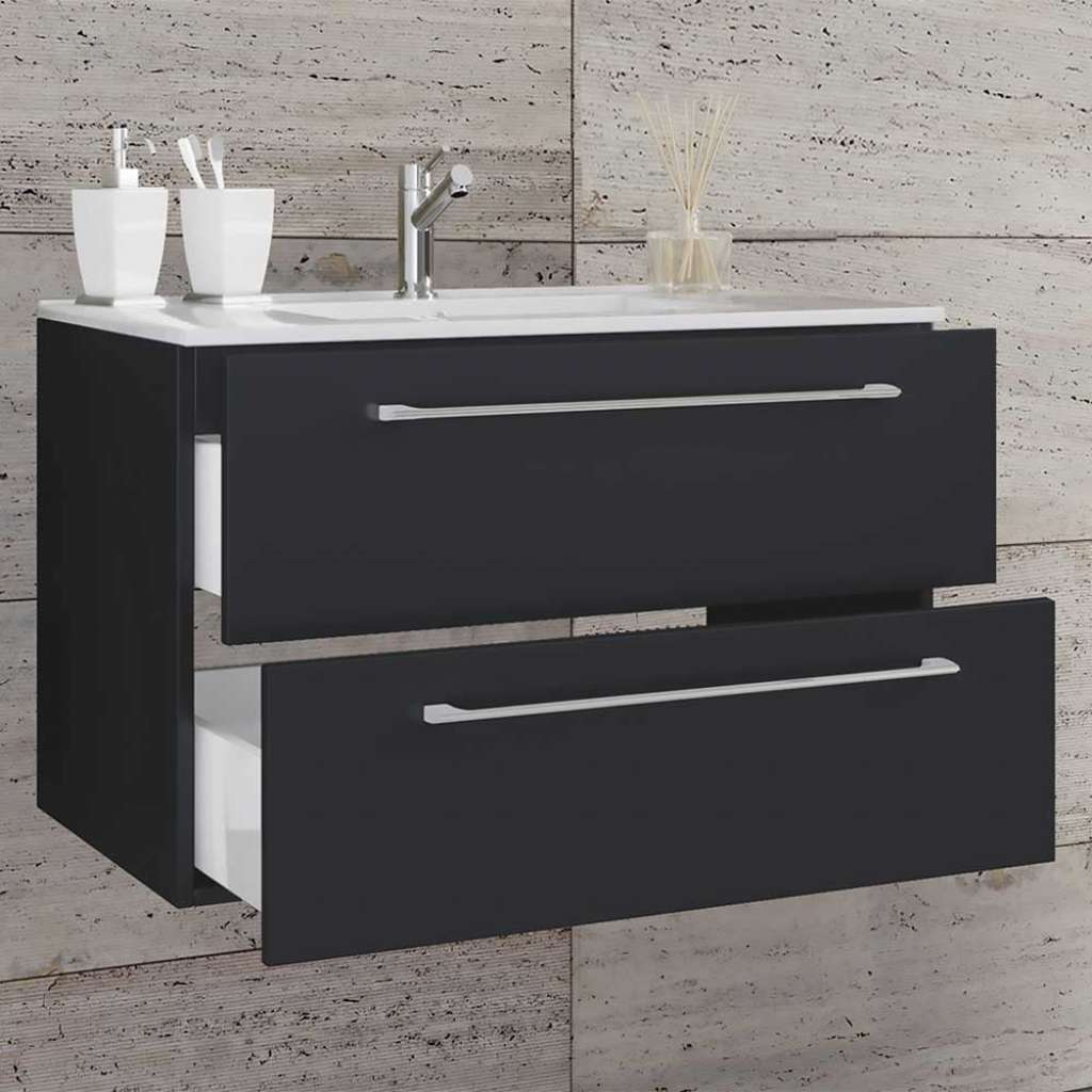 Waschtischunterschrank schwarz mit zwei Schubladen einem Einlasswaschbecken