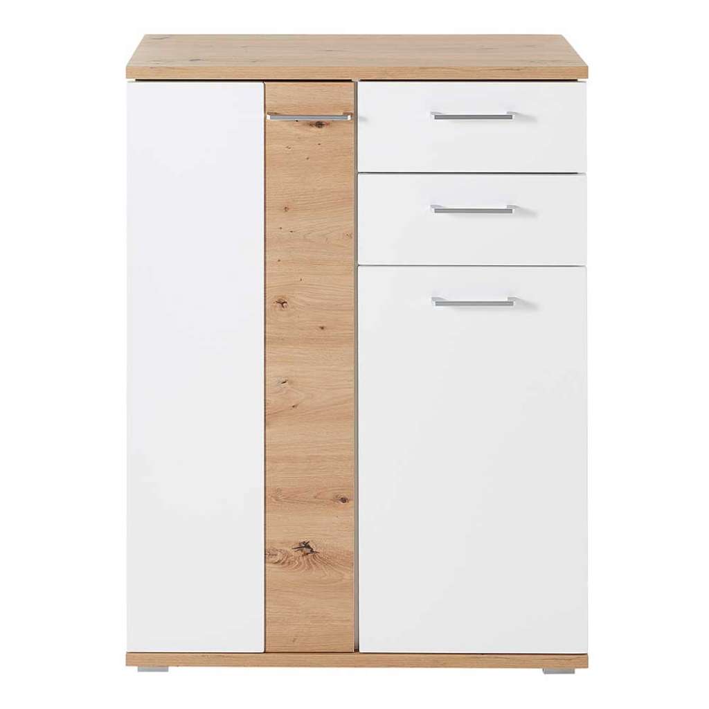 Schuh Schrank Kommode in Wildeichefarben und Weiß 106 cm hoch