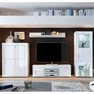 Design Wohnwand Hochglanz in Weiß 291 cm breit (vierteilig)
