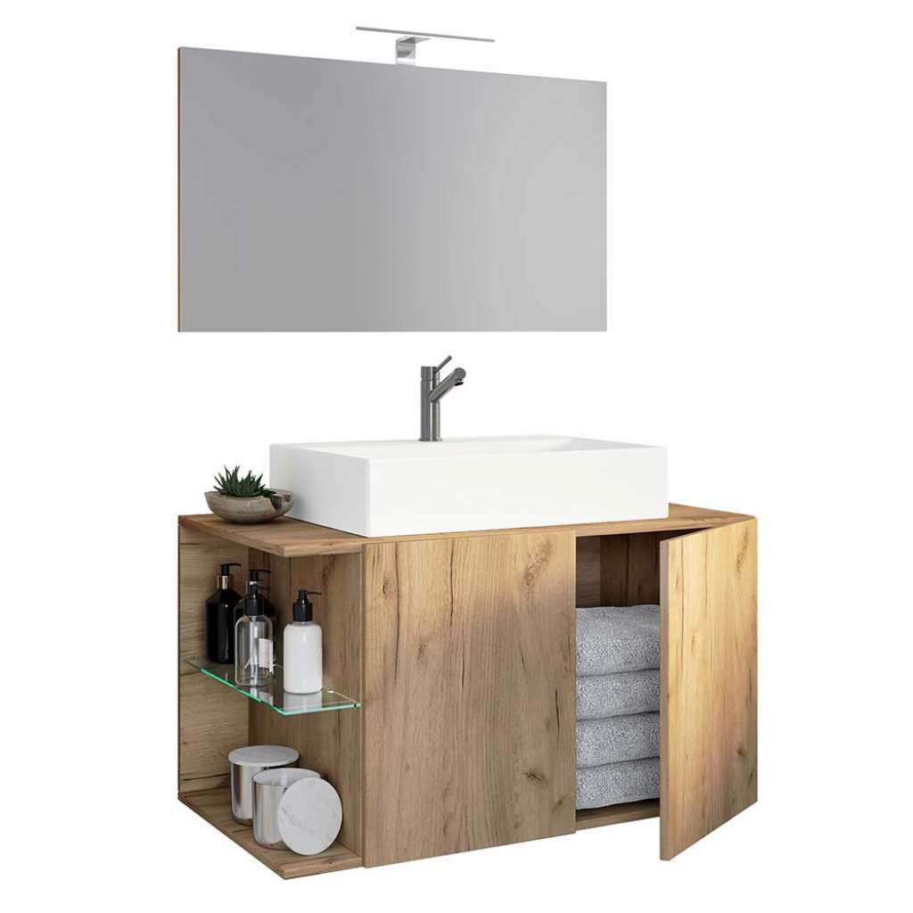 Waschplatz Set Holzoptik in Wildeiche Honigfarben 93 cm breit (zweiteilig)