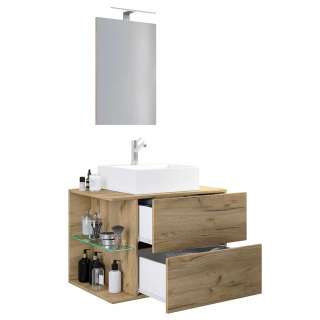 Waschplatz Set Holzoptik für die Wandmontage LED Beleuchtung (zweiteilig)