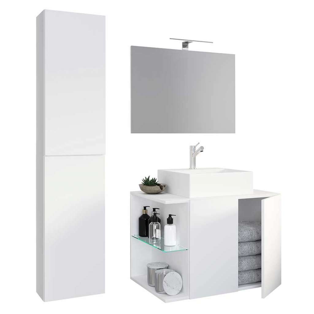 Badmöbel hängend weiss modern mit LED Beleuchtung 151 cm hoch (dreiteilig)