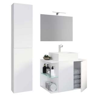 Badmöbel hängend weiss modern mit LED Beleuchtung 151 cm hoch (dreiteilig)
