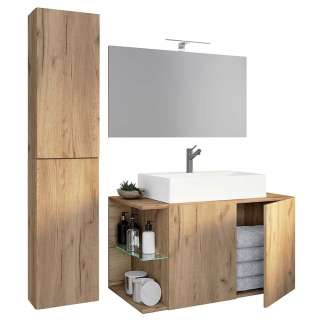 Waschplatz Set Holzoptik modern mit LED Beleuchtung die Wandmontage (dreiteilig)