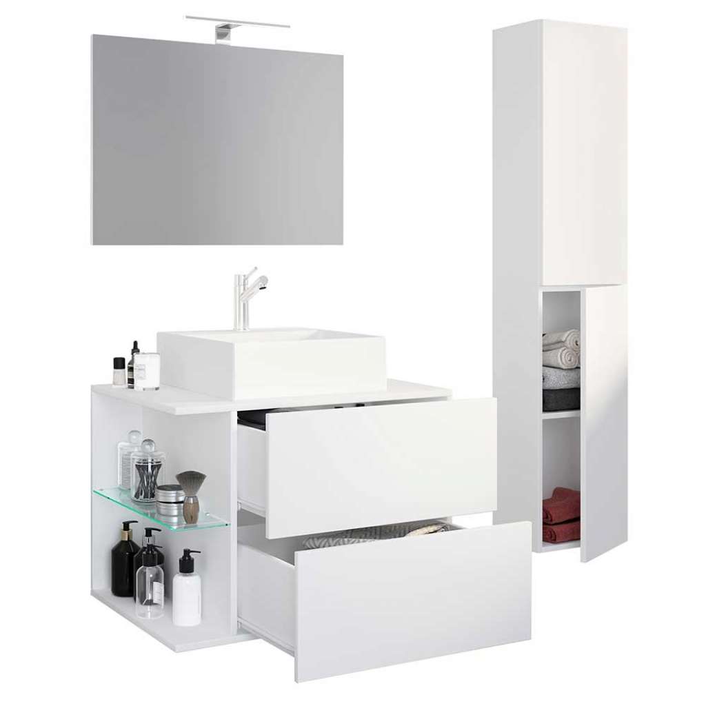 Waschplatz Set weiss modern mit LED Beleuchtung die Wandmontage (dreiteilig)