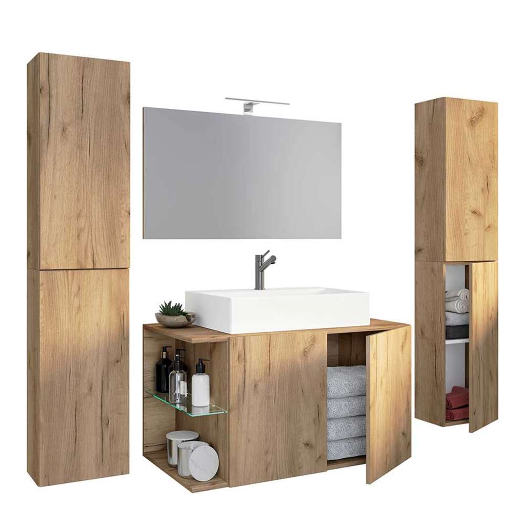Badezimmermöbel Set Holzoptik in Wildeiche Honigfarben 151 cm hoch (vierteilig)