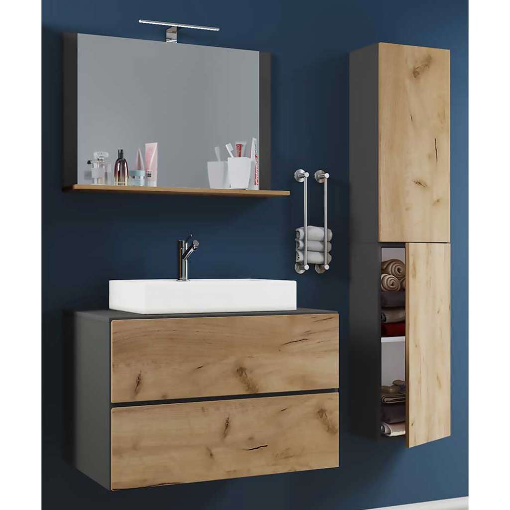 Modernes Badmöbel Set mit Spiegel 150 cm hoch 52 cm tief (dreiteilig)