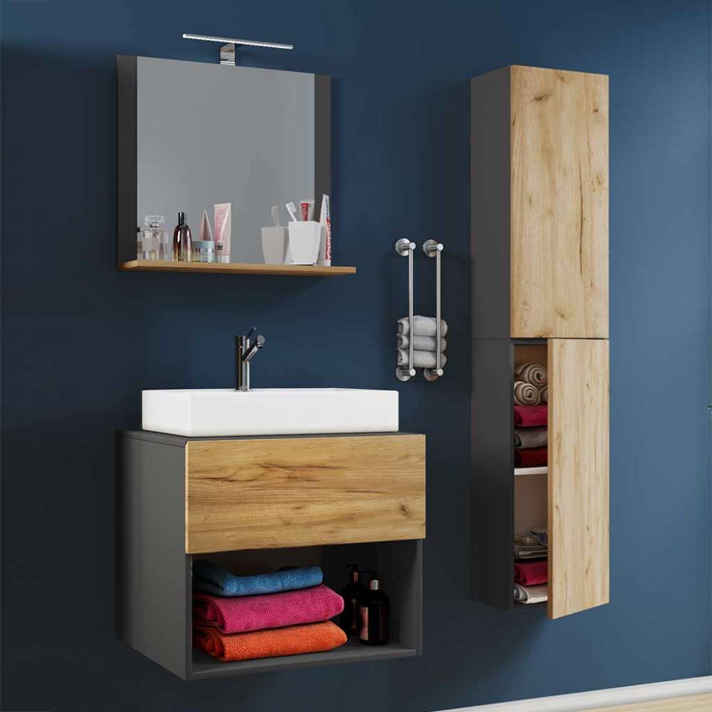 Waschplatz Set mit Spiegel für die Wandmontage 52 cm tief (dreiteilig)