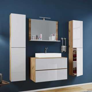 Waschplatz Set modern zweifarbig mit Hochglanz Front 150 cm hoch (vierteilig)