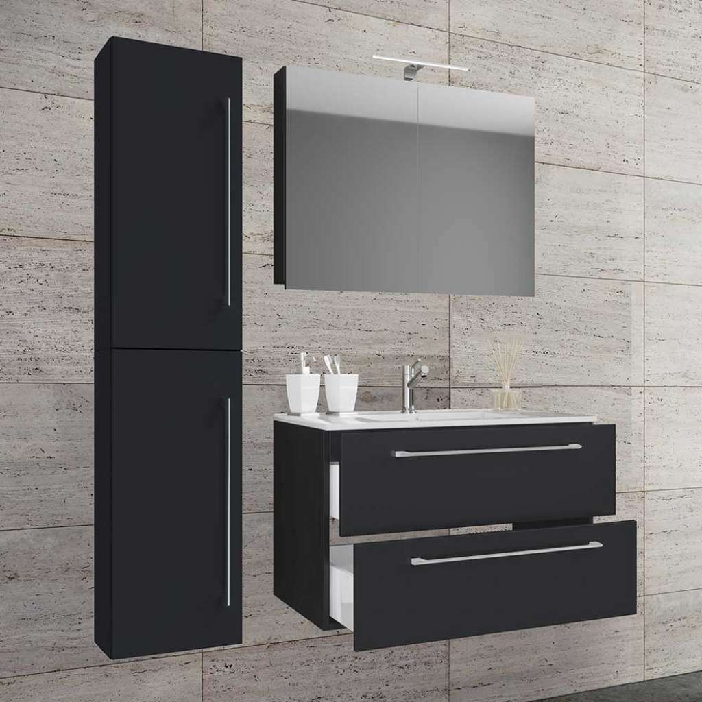 Badezimmerset schwarz Hochglanzfront 150 cm hoch 46 cm tief (dreiteilig)