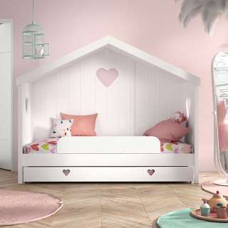 Kinderzimmerbett in Hausform - Weiß lackiert Herz Motive