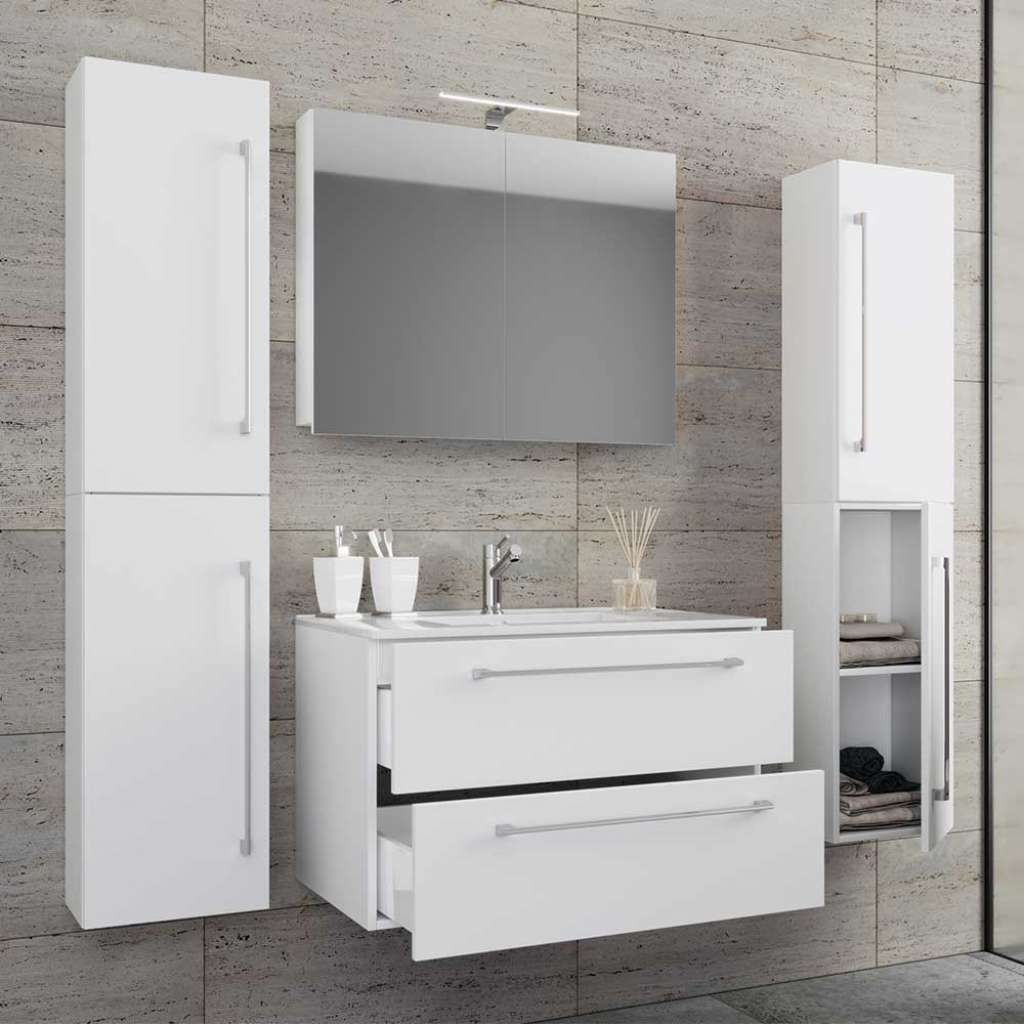 Badmöbel in Weiß mit Hochglanzfront für die Wandmontage modern (vierteilig)