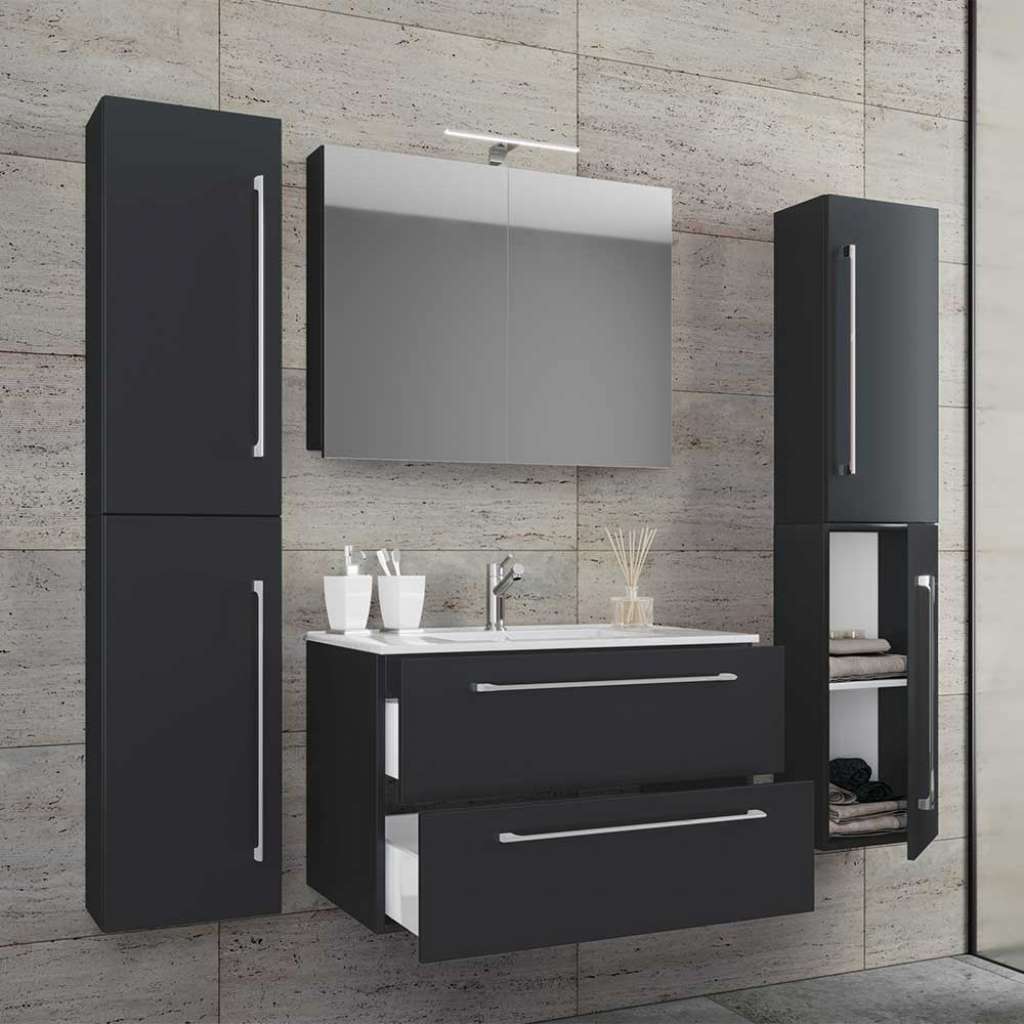 Badezimmermöbel 4teilig schwarz Hochglanz Front 46 cm tief (vierteilig)