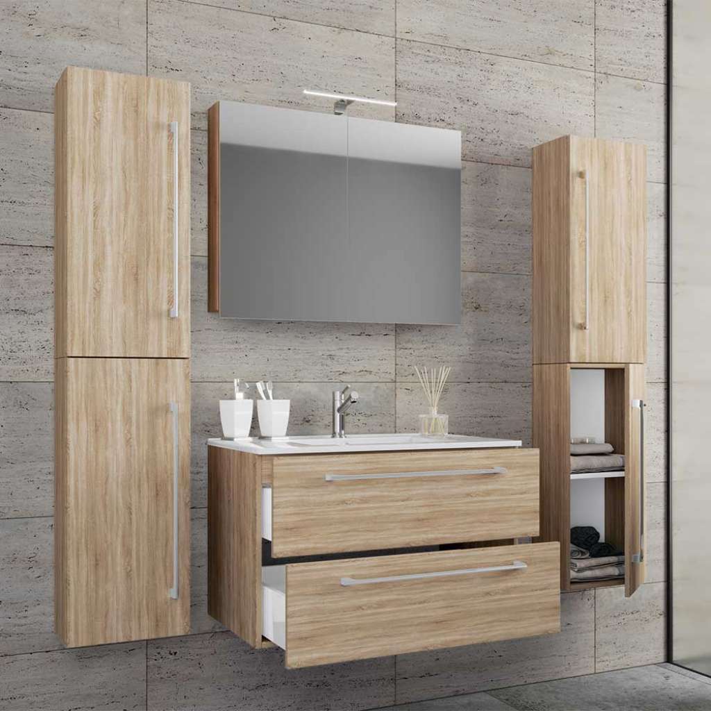 Badmöbel Sonoma Eiche in modernem Design melaminbeschichtet (vierteilig)