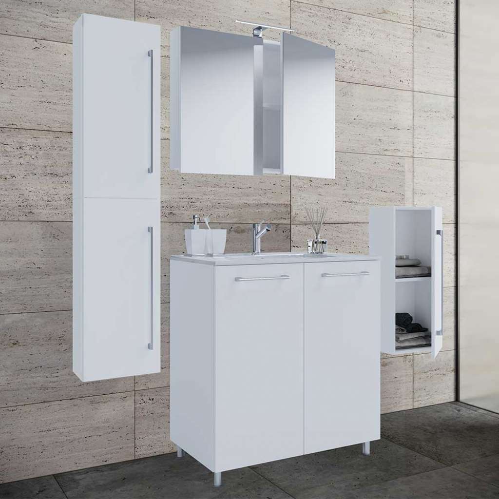 Glanzfront Badmöbel weiss in modernem Design melaminbeschichtet (vierteilig)