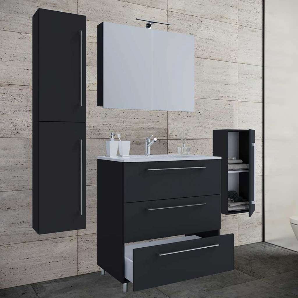 Badmöbelkomplettset mit Spiegelschrank in Schwarz Hochglanz (vierteilig)
