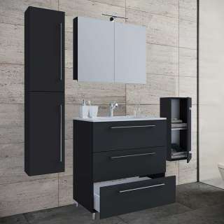 Waschplatz Set schwarz mit Becken Hochglanz 150 cm hoch (dreiteilig)