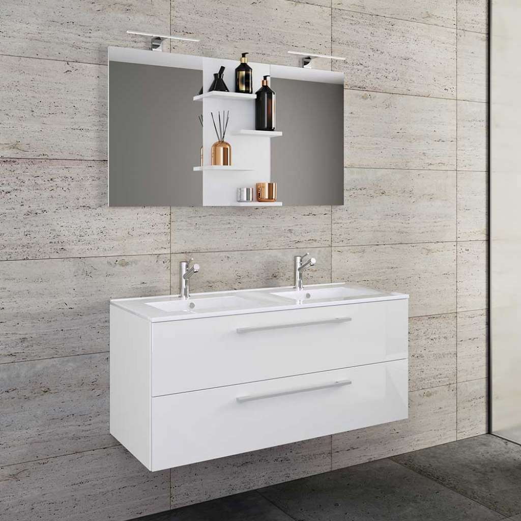 Waschplatz Set weiss Hochglanz mit Doppel Waschbecken 112 cm breit (zweiteilig)