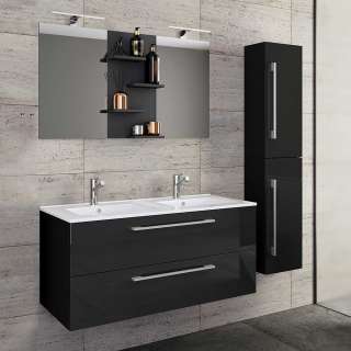 Badezimmerset mit Doppelwaschbecken in Schwarz Hochglanz (dreiteilig)