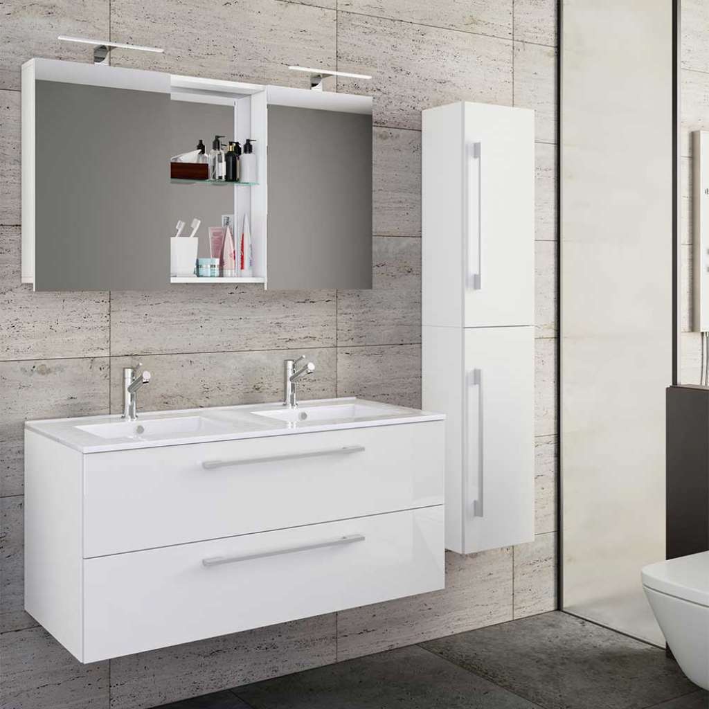 Badezimmermöbel weiss Hochglanz in modernem Design 145 cm breit (dreiteilig)