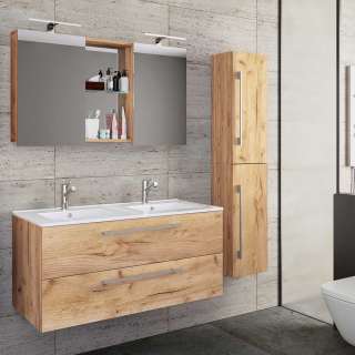 Badmöbel Holzoptik Honig Wildeiche in modernem Design 145 cm breit (dreiteilig)