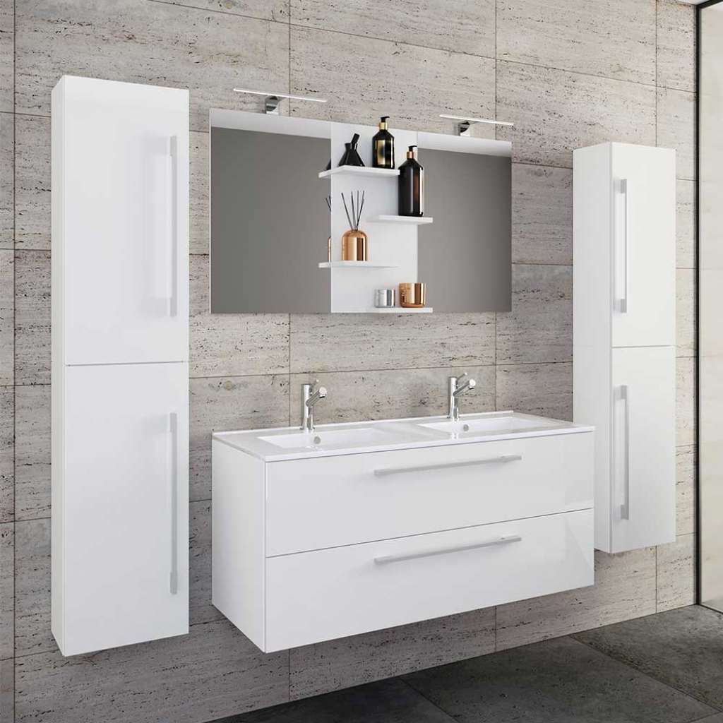 Badmöbelset weiss Hochglanzfront 150 cm hoch inklusive Becken (vierteilig)