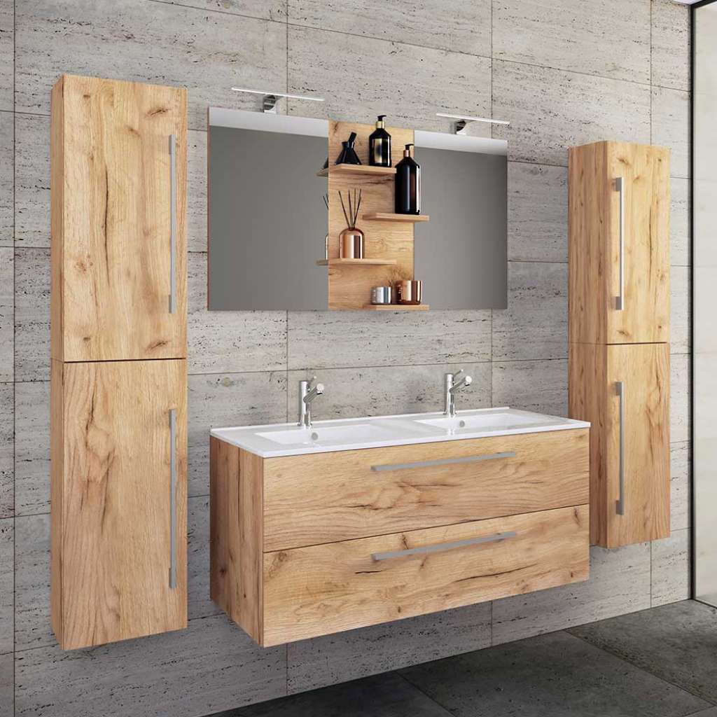 Badmöbel Set Honig-Wildeiche melaminbeschichtet modernem Design (vierteilig)