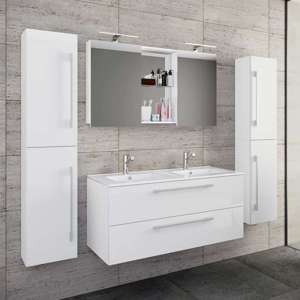 Badezimmermöbel Set weiss Hochglanz in modernem Design 150 cm hoch (vierteilig)