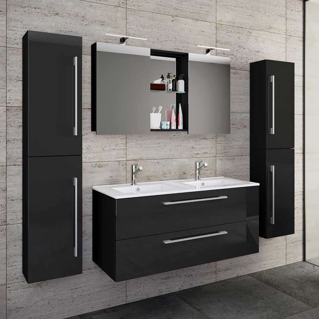 Badezimmermöbelset schwarz Hochglanz in modernem Design 178 cm breit (vierteilig)
