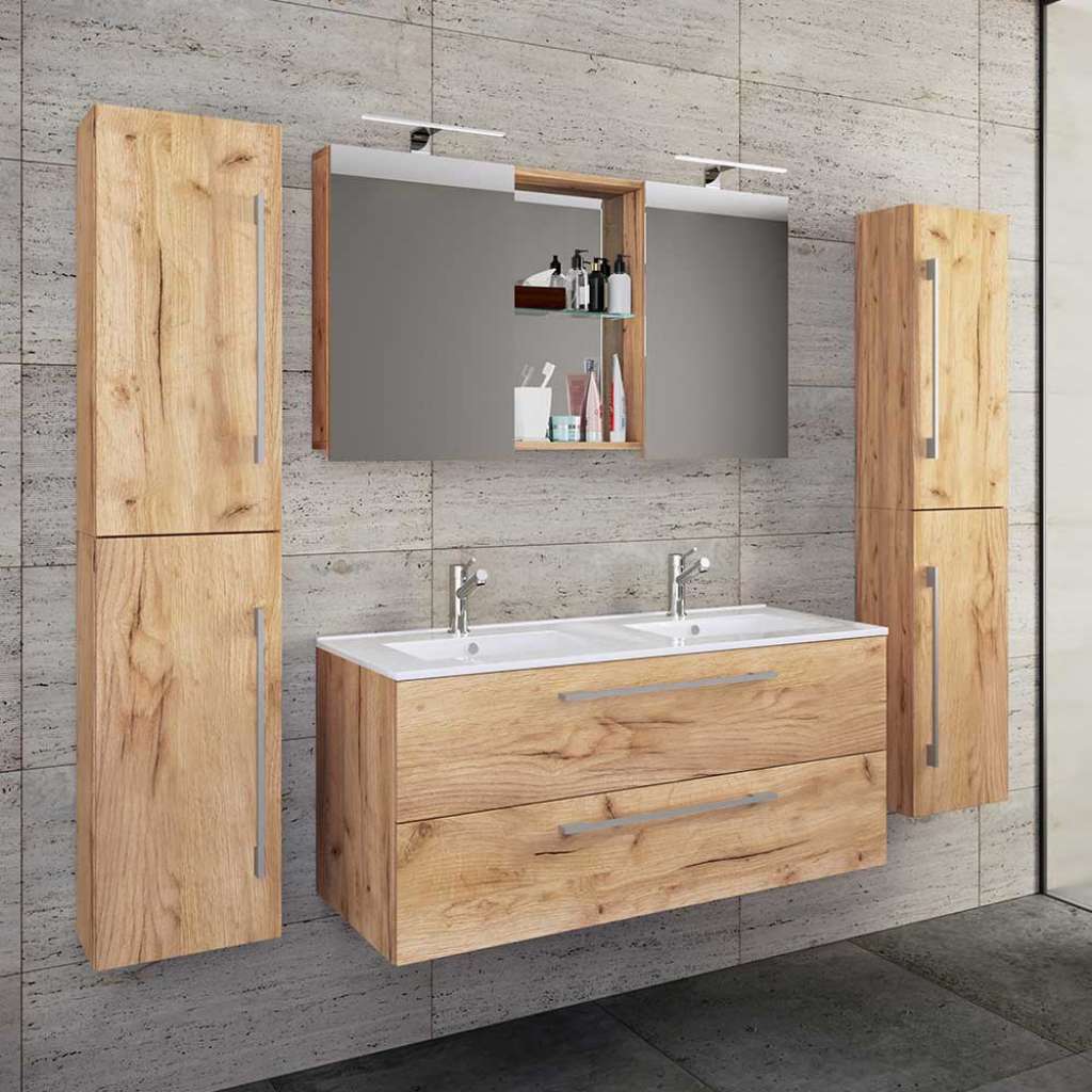 Badezimmermöbel Set Honig-Wildeiche in modernem Design 46 cm tief (vierteilig)