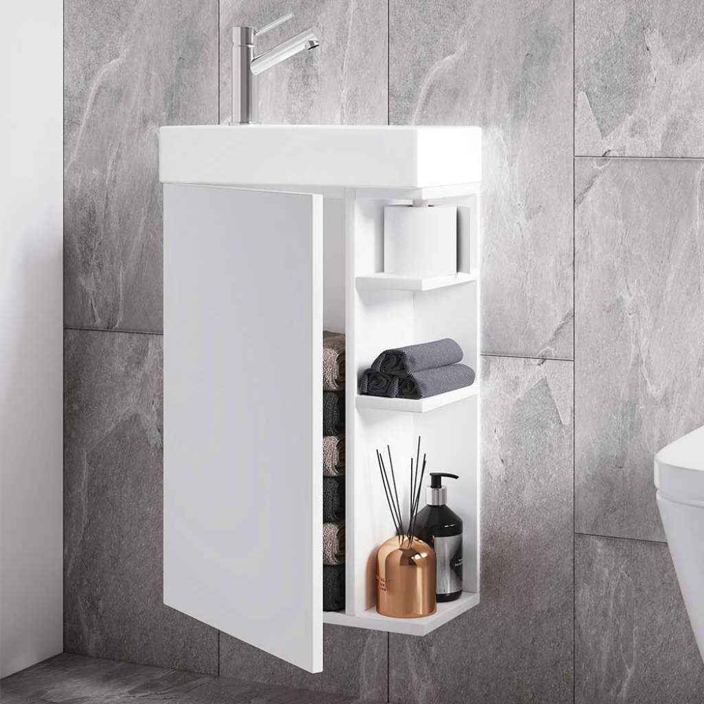 Kleiner Gäste WC Waschtisch in Weiß einem Aufsatzwaschbecken