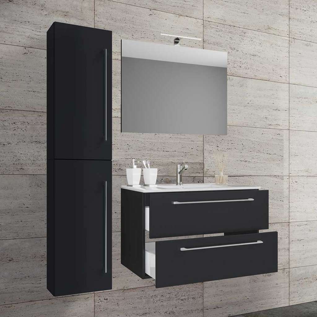 Badmöbel hängend Hochglanz Front in Schwarz 46 cm tief (dreiteilig)