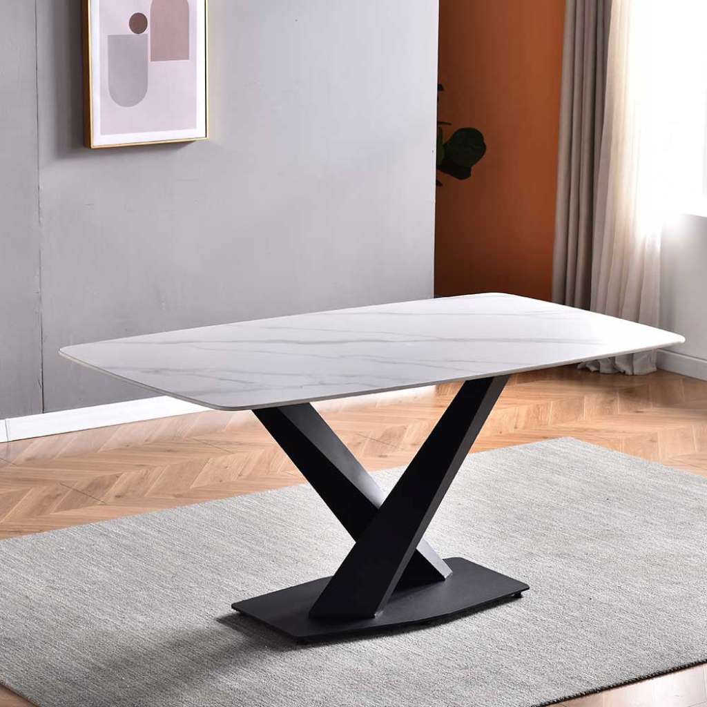 Esszimmer Tisch rechteckig mit Sinterstein Platte Marmor Optik weiss