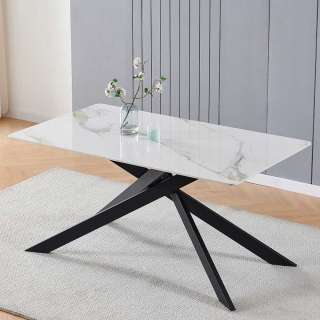Esszimmer Tisch schwarz weiss mit Sinterstein Platte Mikado Fußgestell