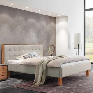 Gepolstertes Bett Beige Stoff mit Vierfußgestell aus Holz Skandi Design