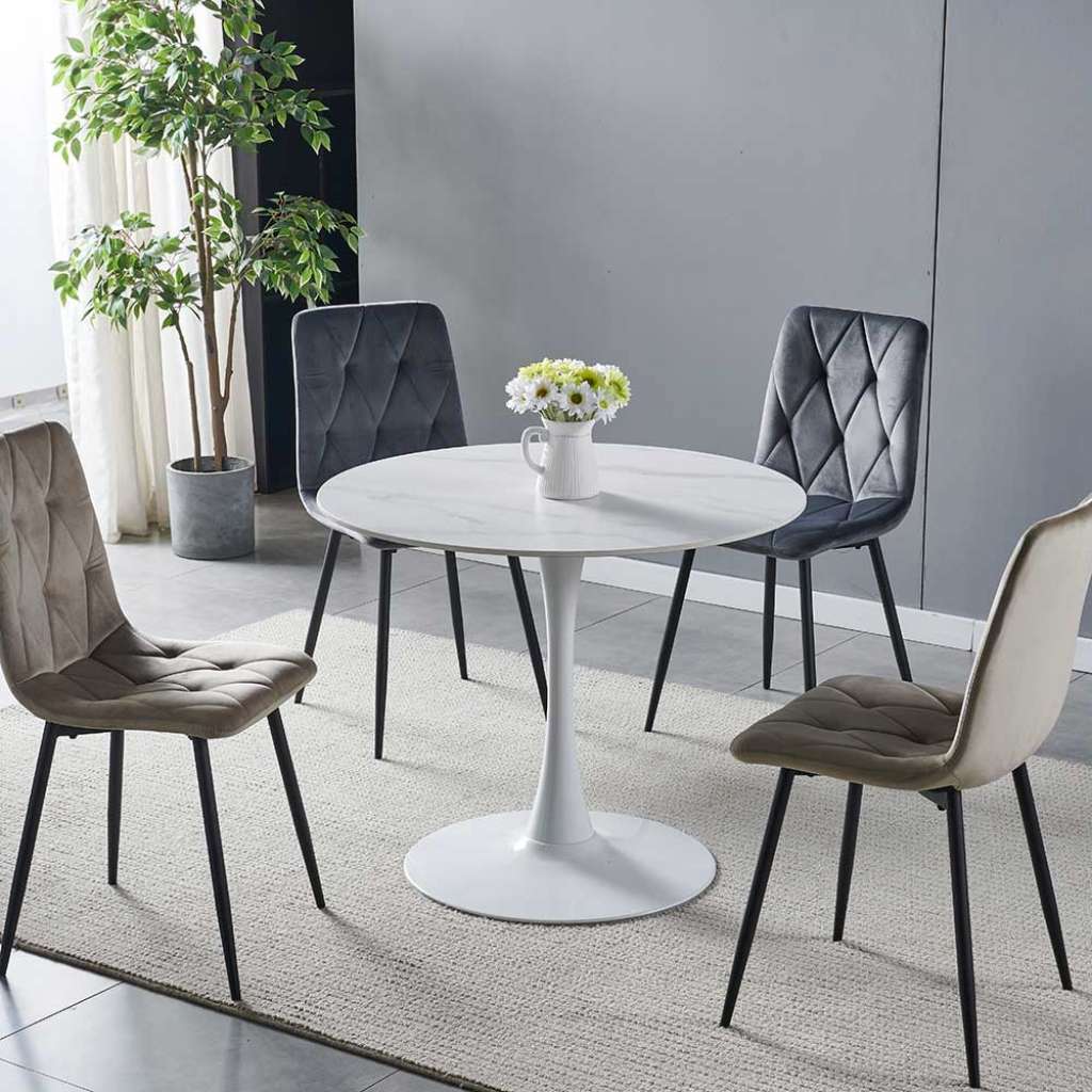 Tisch Marmor Optik weiss mit Trompetenfuß Sinterstein Platte