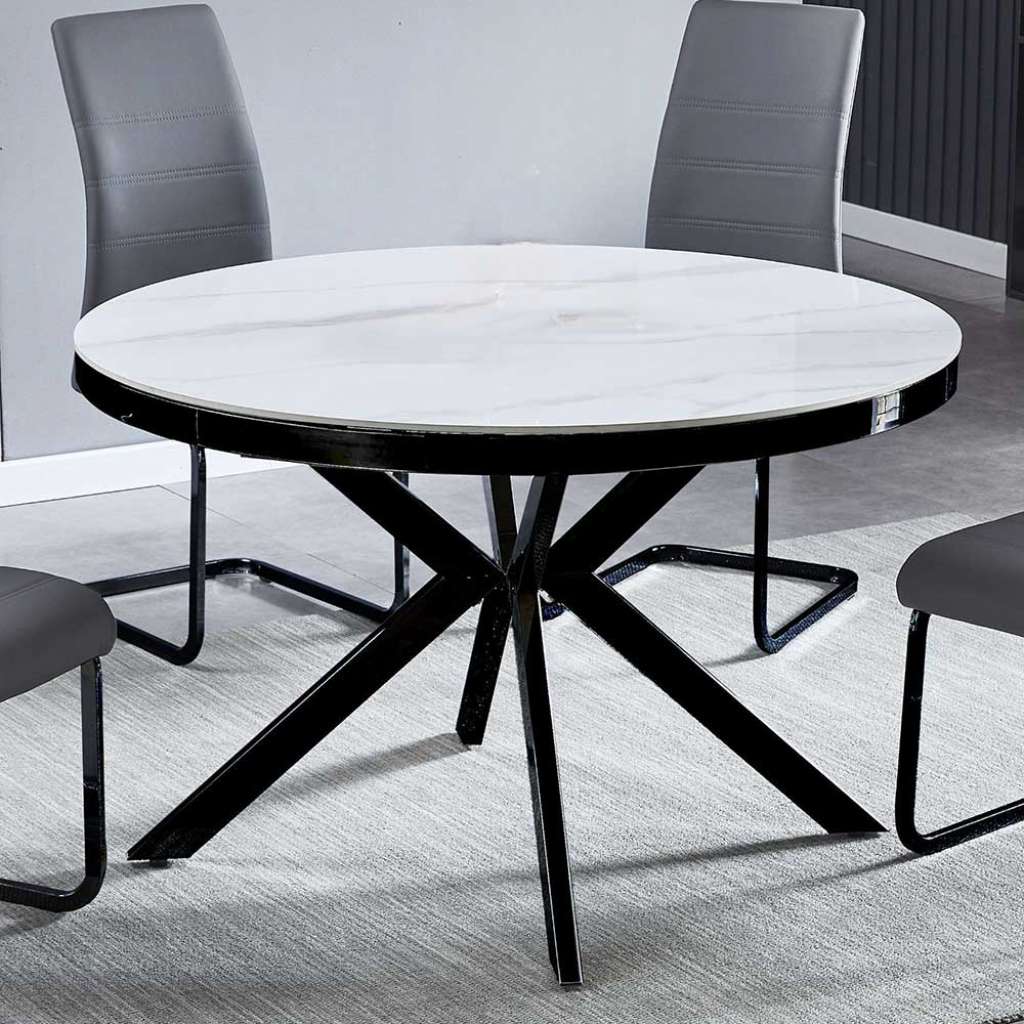 Runder Esszimmer Tisch in Marmor Optik Weiß Sinterstein Platte
