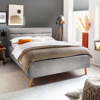 Gepolstertes Bett mit Stauraum in Grau Stoff Vierfußgestell aus Eiche