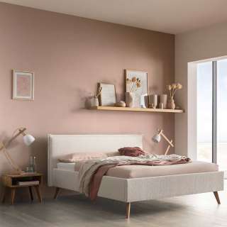 Polster Bett Boucle Creme im Skandi Design Vierfußgestell aus Holz