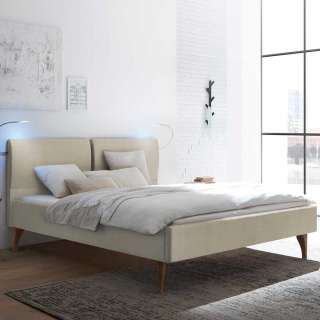 140x200 Bett Skandi Stil in Beige Stoff Nussbaumfarben