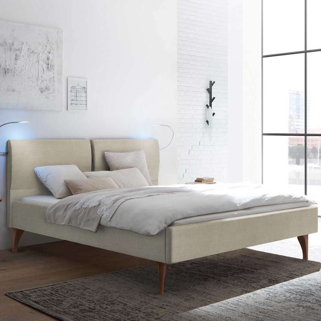 Doppel Bett Stoff Skandi Stil in Beige Vierfußgestell aus Holz