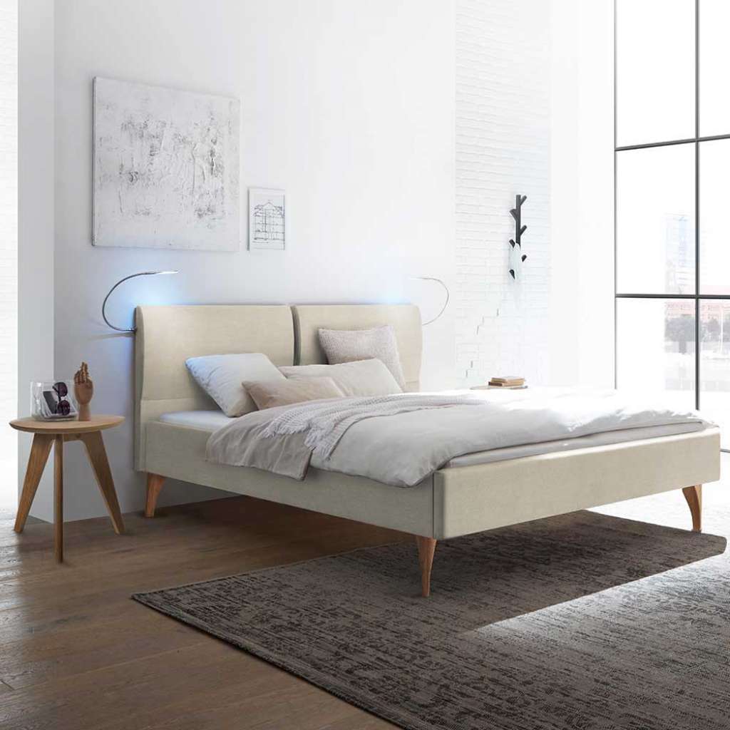 Polsterbett Beige Eiche Bianco im Skandi Design Vierfußgestell aus Holz